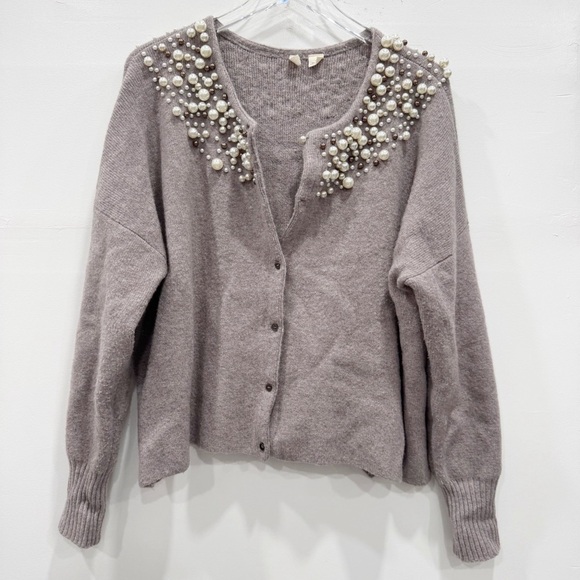 Anthropologie Moth Cardigan Sweater Pearl Neck Taupe Grey Alpaca Wool Large - Picture 1 of 11